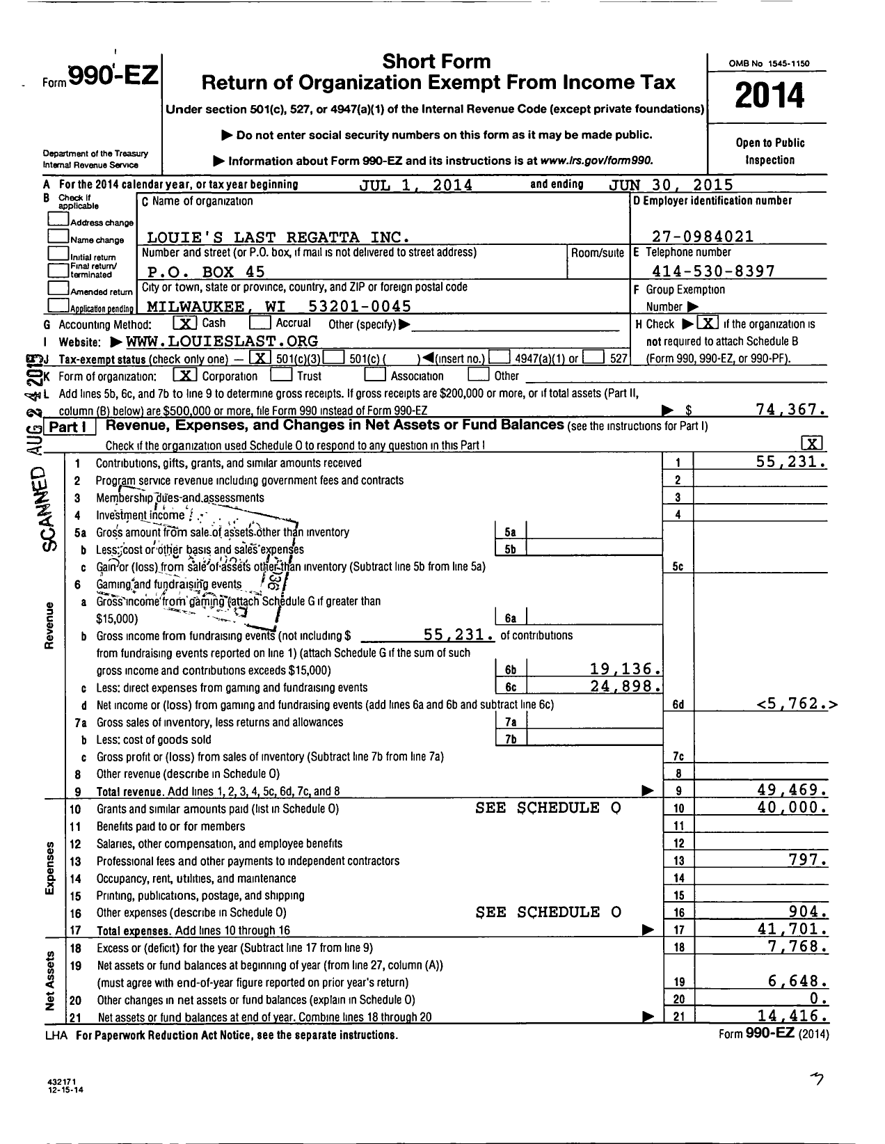 Image of first page of 2014 Form 990EZ for Louies Last Regatta