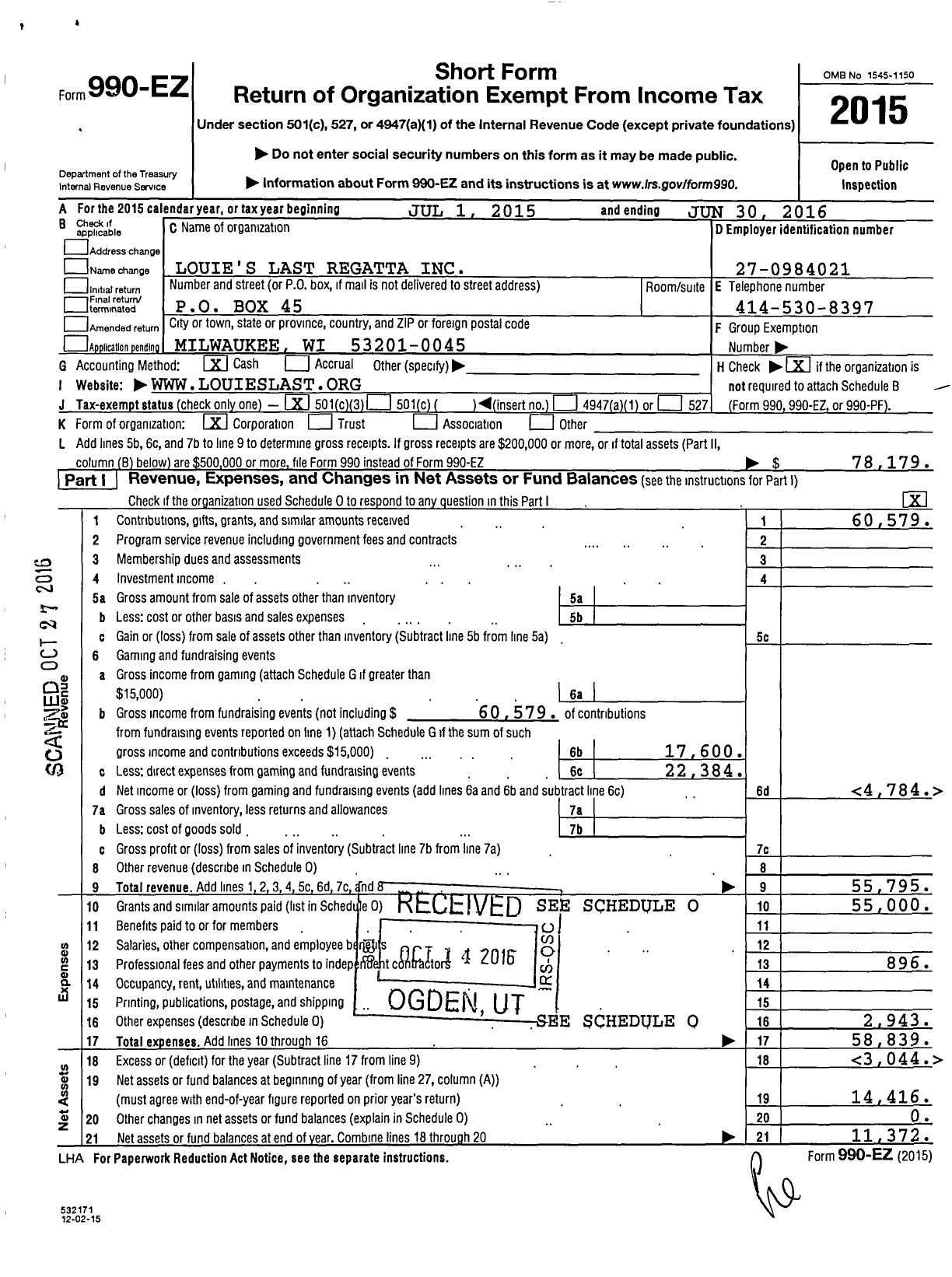 Image of first page of 2015 Form 990EZ for Louies Last Regatta