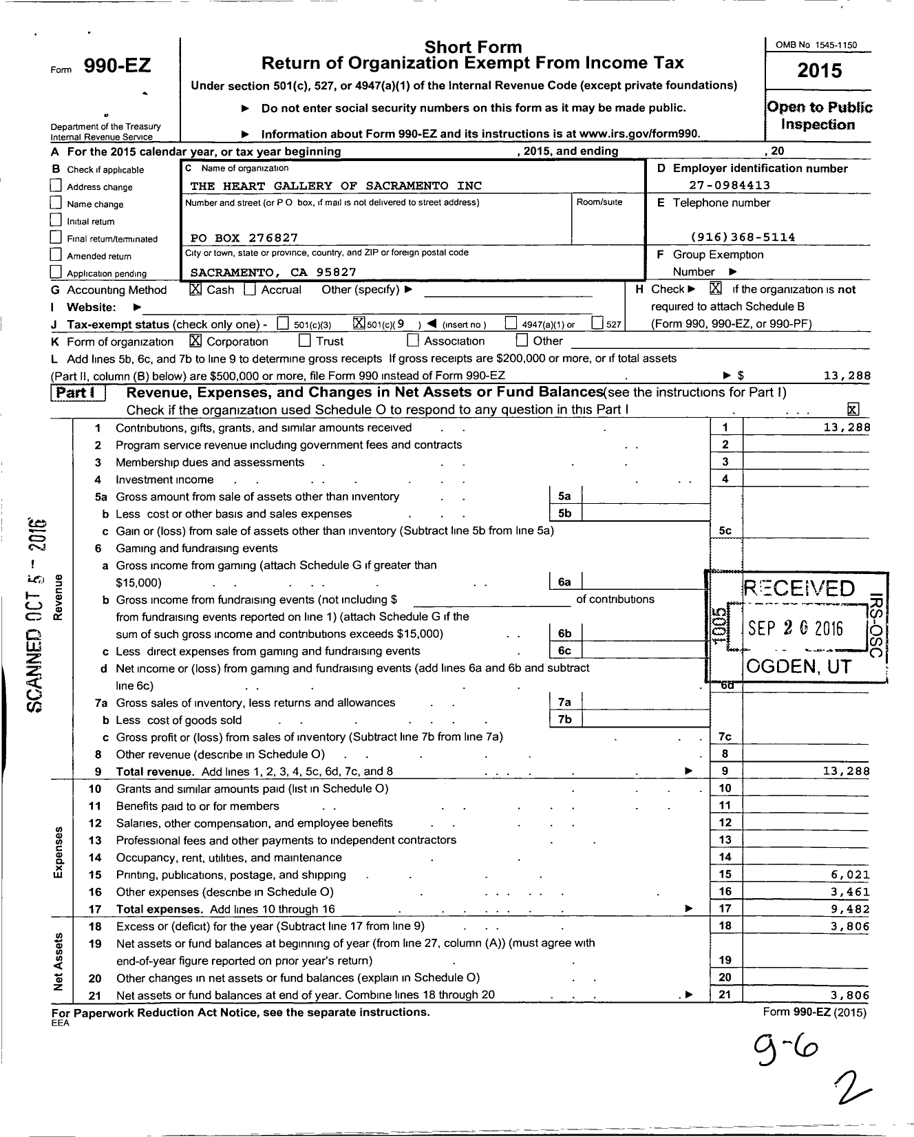 Image of first page of 2015 Form 990EO for Heart Gallery of Sacramento