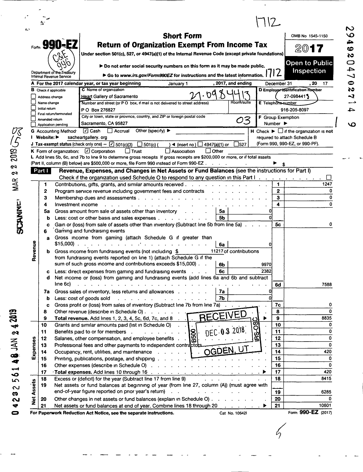 Image of first page of 2017 Form 990EZ for Heart Gallery of Sacramento