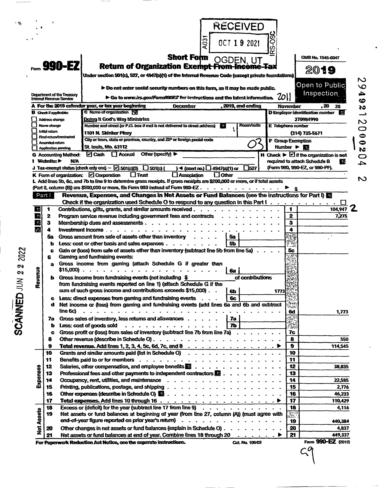 Image of first page of 2019 Form 990EZ for Doing It Gods Way Ministries