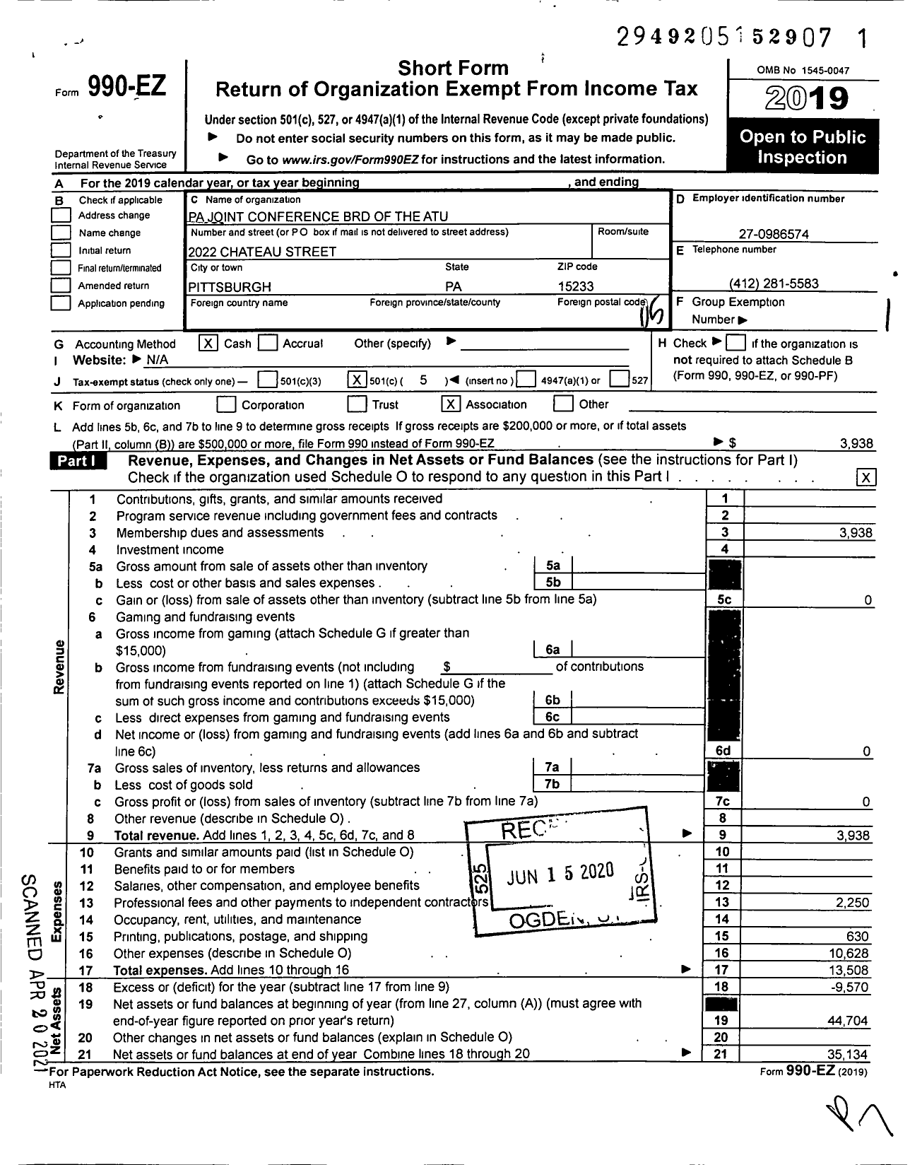 Image of first page of 2019 Form 990EO for Pennsylvania Joint Conference Board of the Amalgamated Transit Union