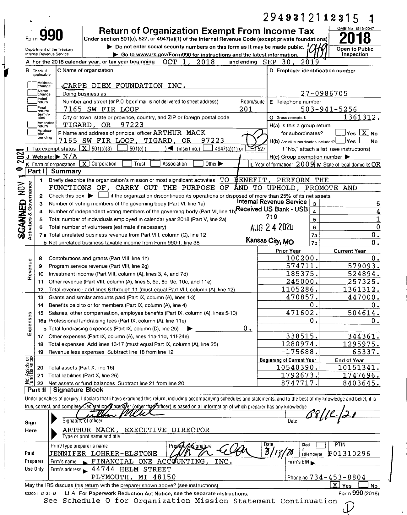 Image of first page of 2018 Form 990 for Carpe Diem Foundation