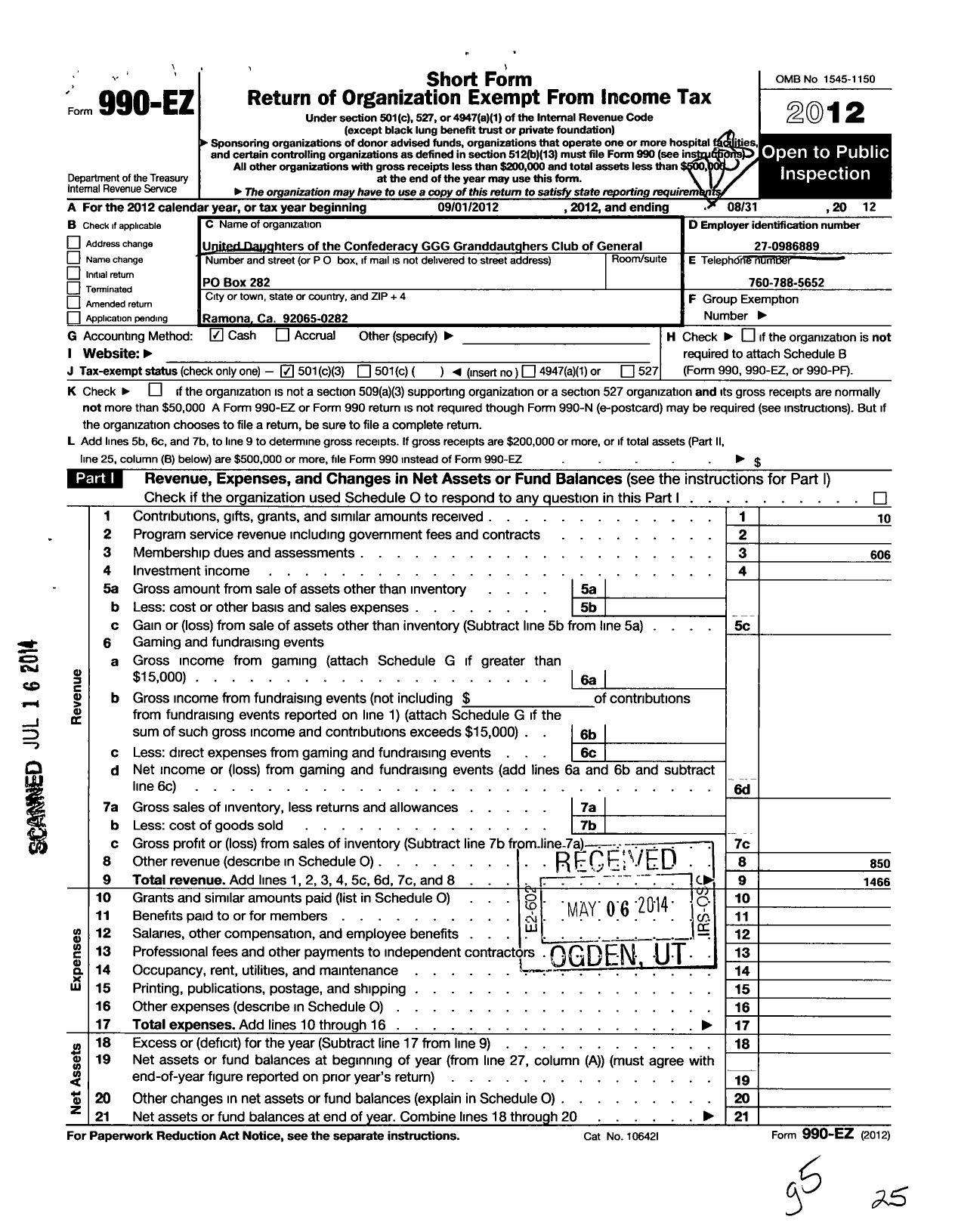 Image of first page of 2011 Form 990EZ for United Daughters of the Confederacy - GGG Grandaughter Club of General