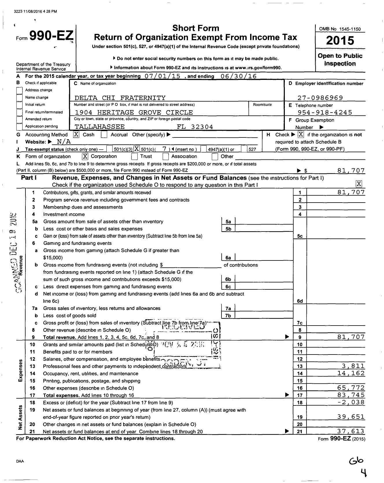 Image of first page of 2015 Form 990EO for Delta Chi Fraternity / Florida State Chapter