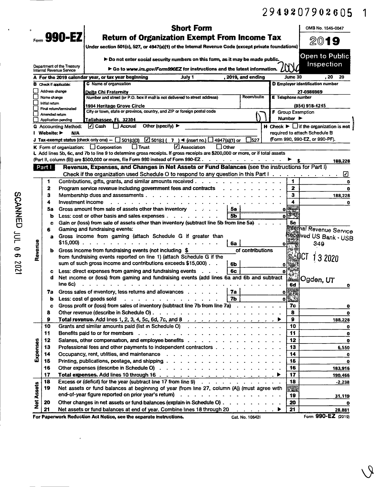 Image of first page of 2019 Form 990EO for Delta Chi Fraternity / Florida State Chapter