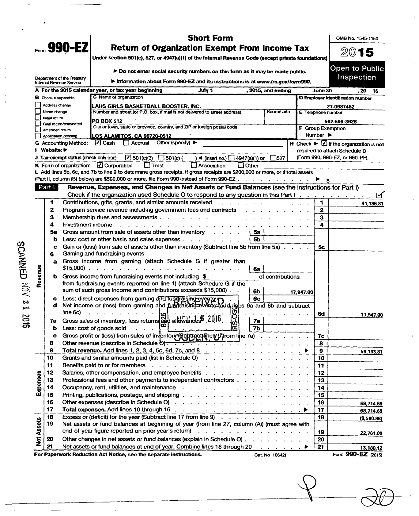 Image of first page of 2015 Form 990EZ for Lahs Girls Basketball Booster