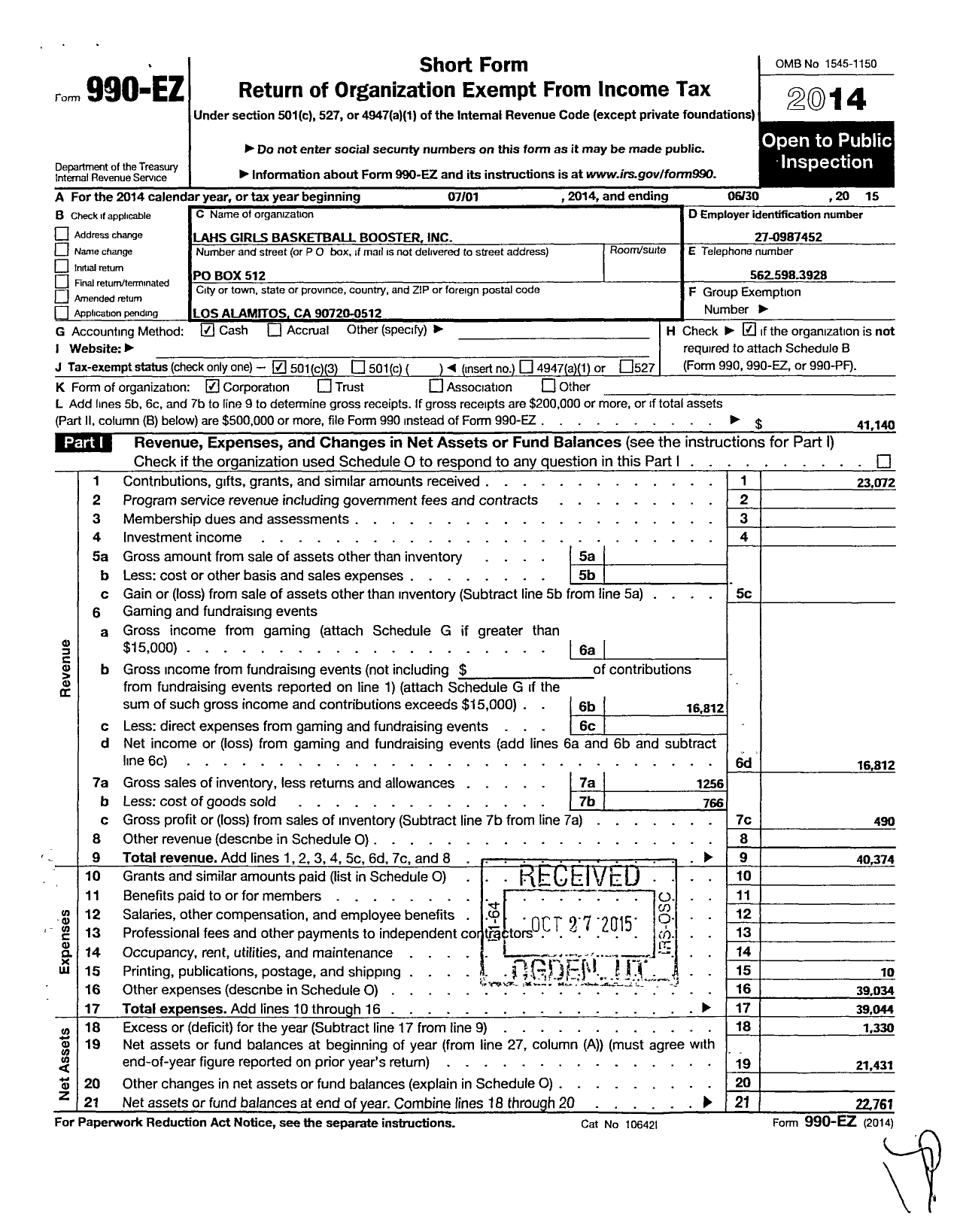 Image of first page of 2014 Form 990EZ for Lahs Girls Basketball Booster