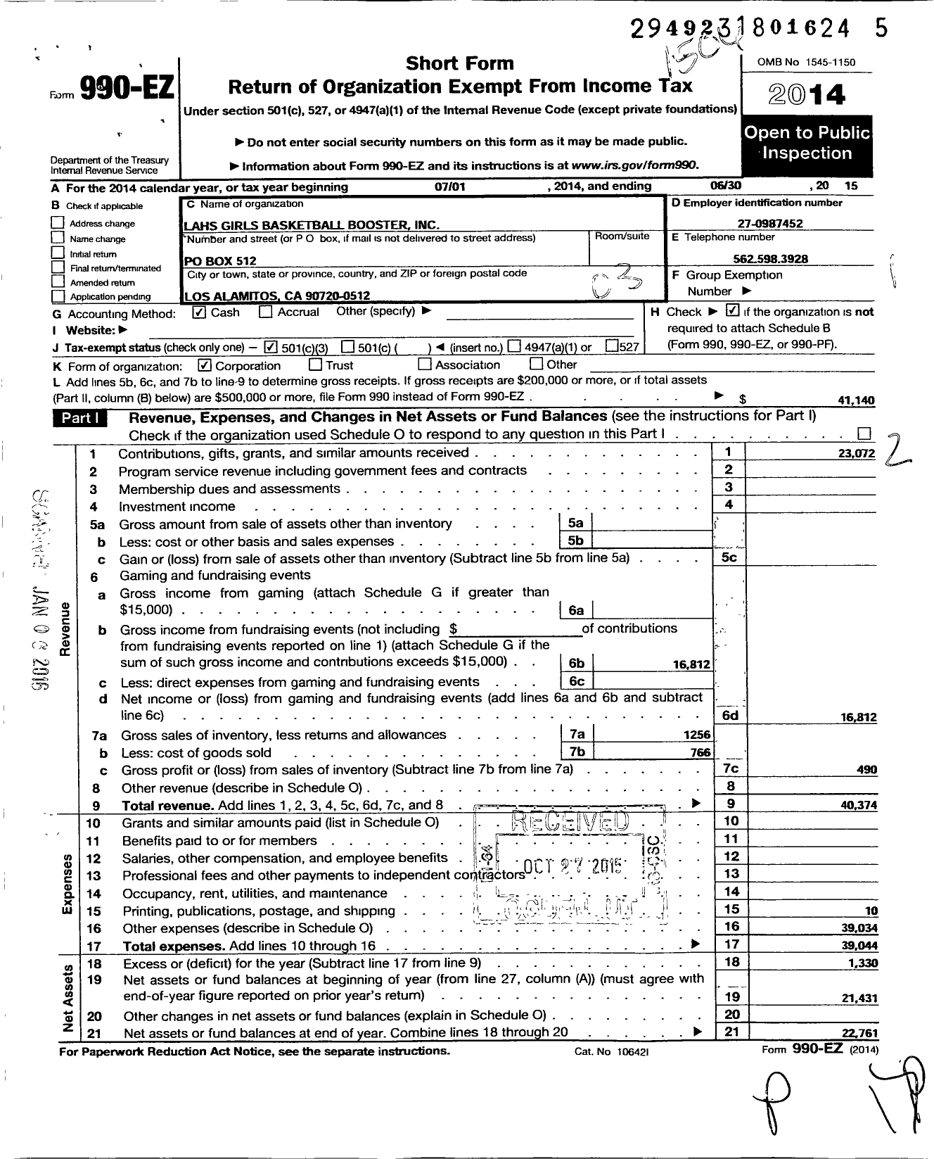 Image of first page of 2014 Form 990EZ for Lahs Girls Basketball Booster