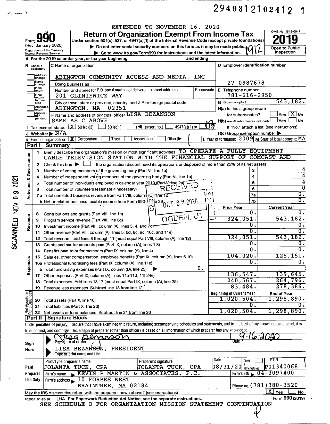 Image of first page of 2019 Form 990 for Abington Community Access and Media