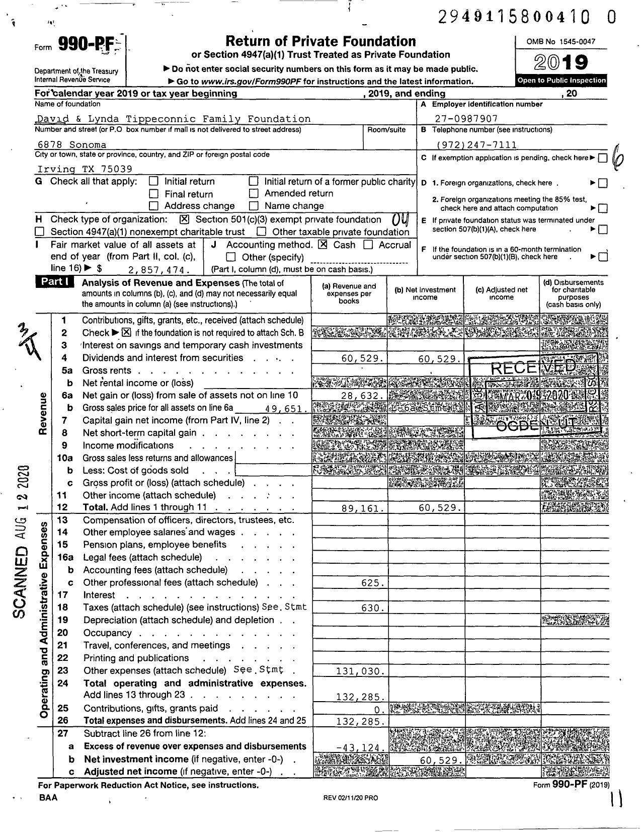 Image of first page of 2019 Form 990PR for David & Lynda Tippeconnic Family Foundation