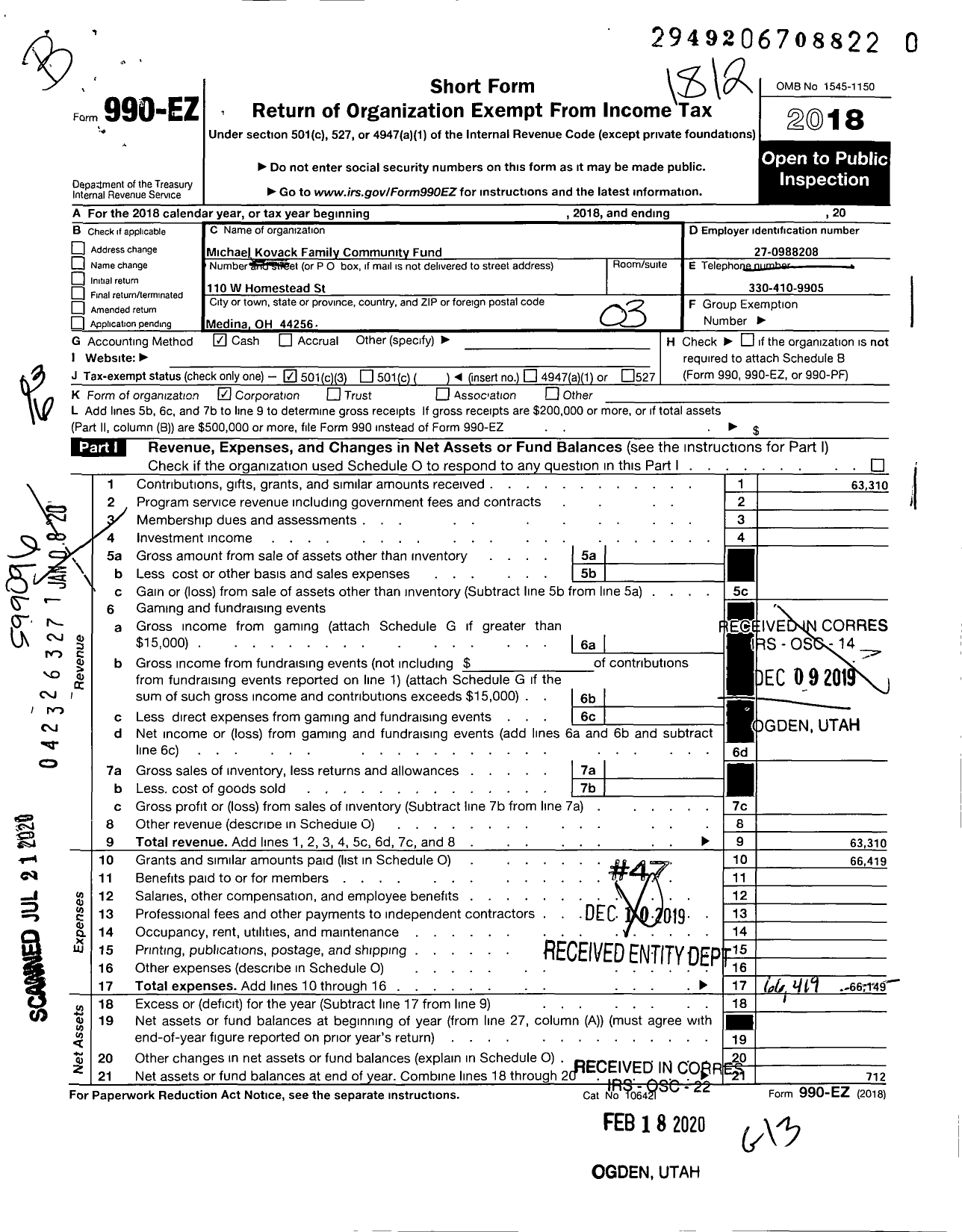 Image of first page of 2018 Form 990EZ for Michael Kovack Family Community Fund