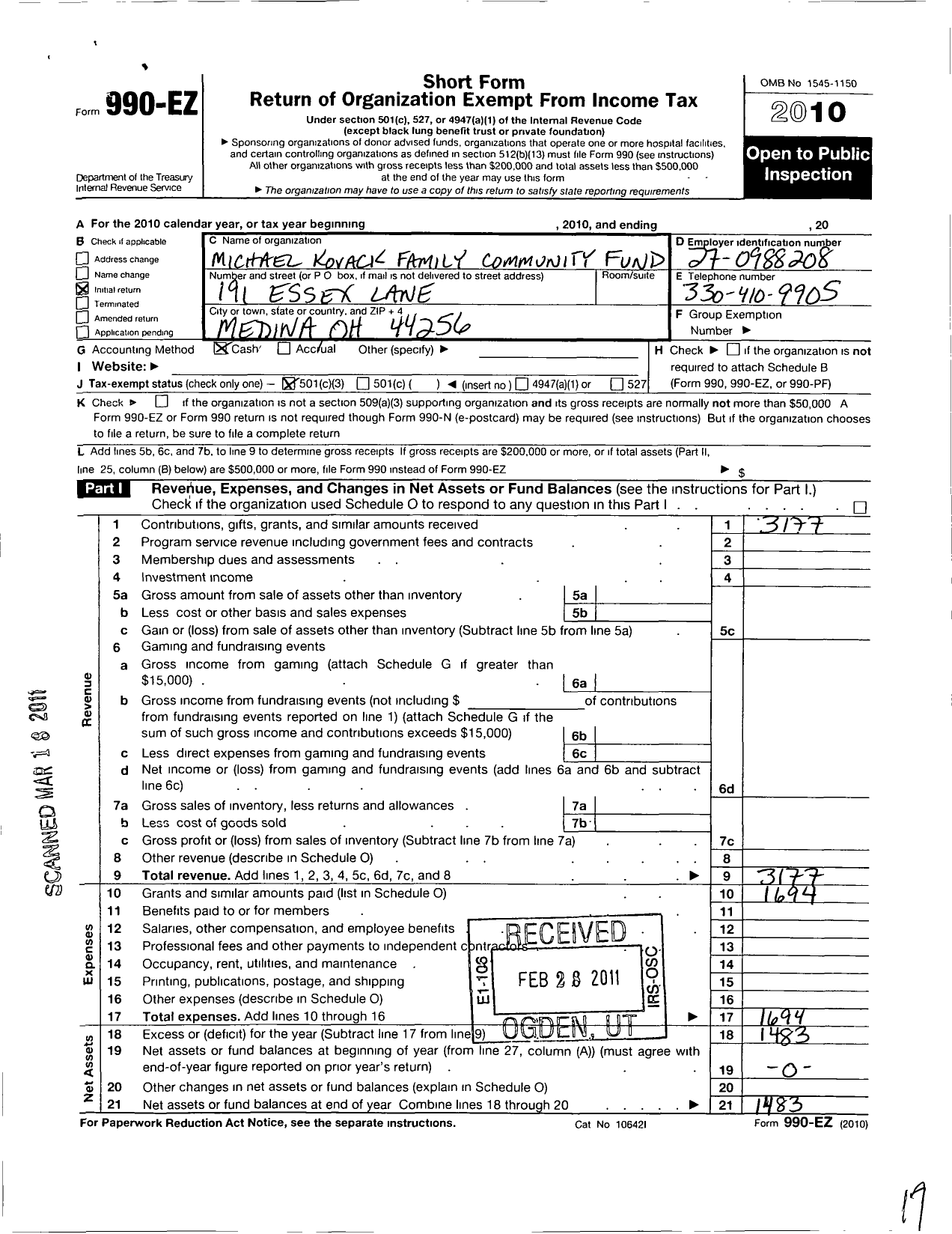 Image of first page of 2010 Form 990EZ for Michael Kovack Family Community Fund