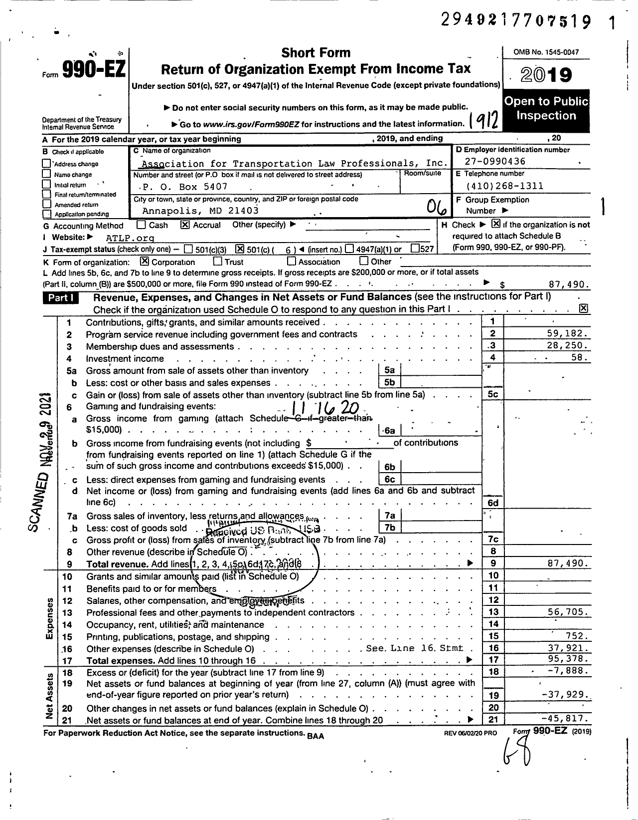 Image of first page of 2019 Form 990EO for Association for Transportation Law Professionals