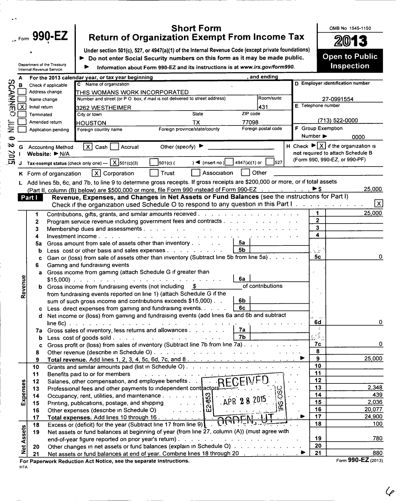 Image of first page of 2013 Form 990EZ for This Womans Work Incorporated