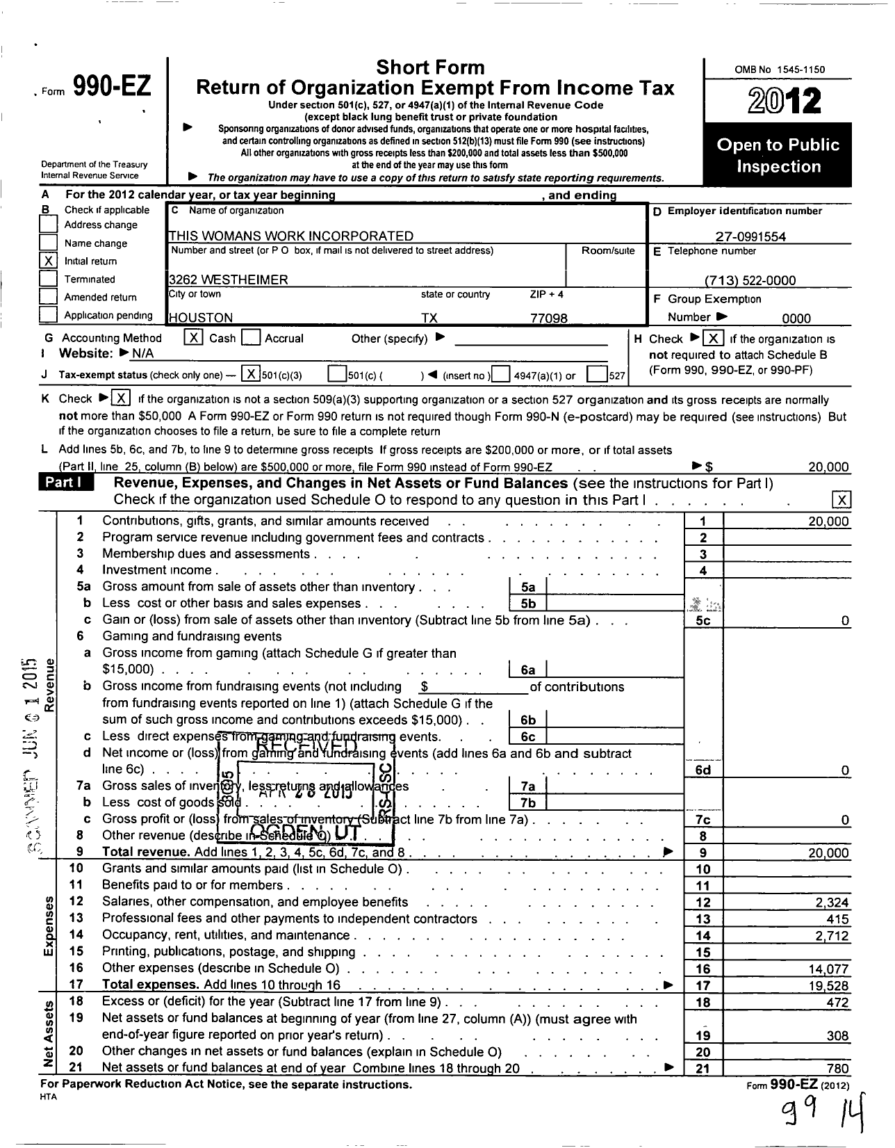 Image of first page of 2012 Form 990EZ for This Womans Work Incorporated