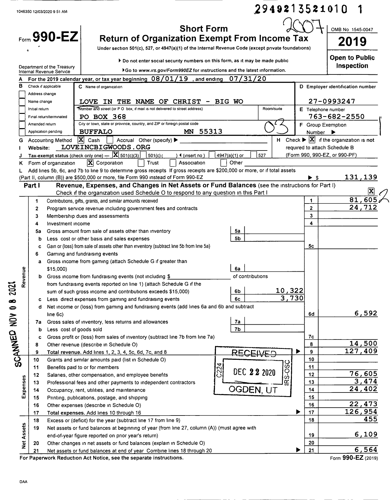 Image of first page of 2019 Form 990EZ for Love in the Name of Christ - Big Woods