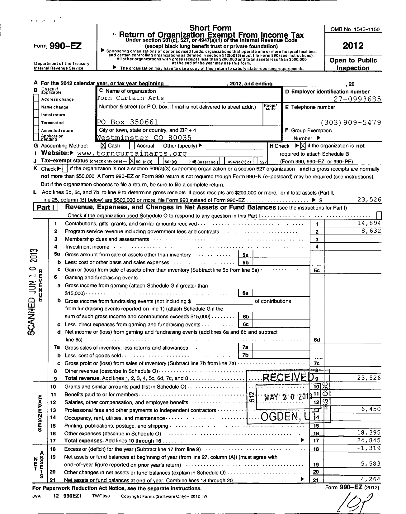 Image of first page of 2012 Form 990EZ for Torn Curtain Arts