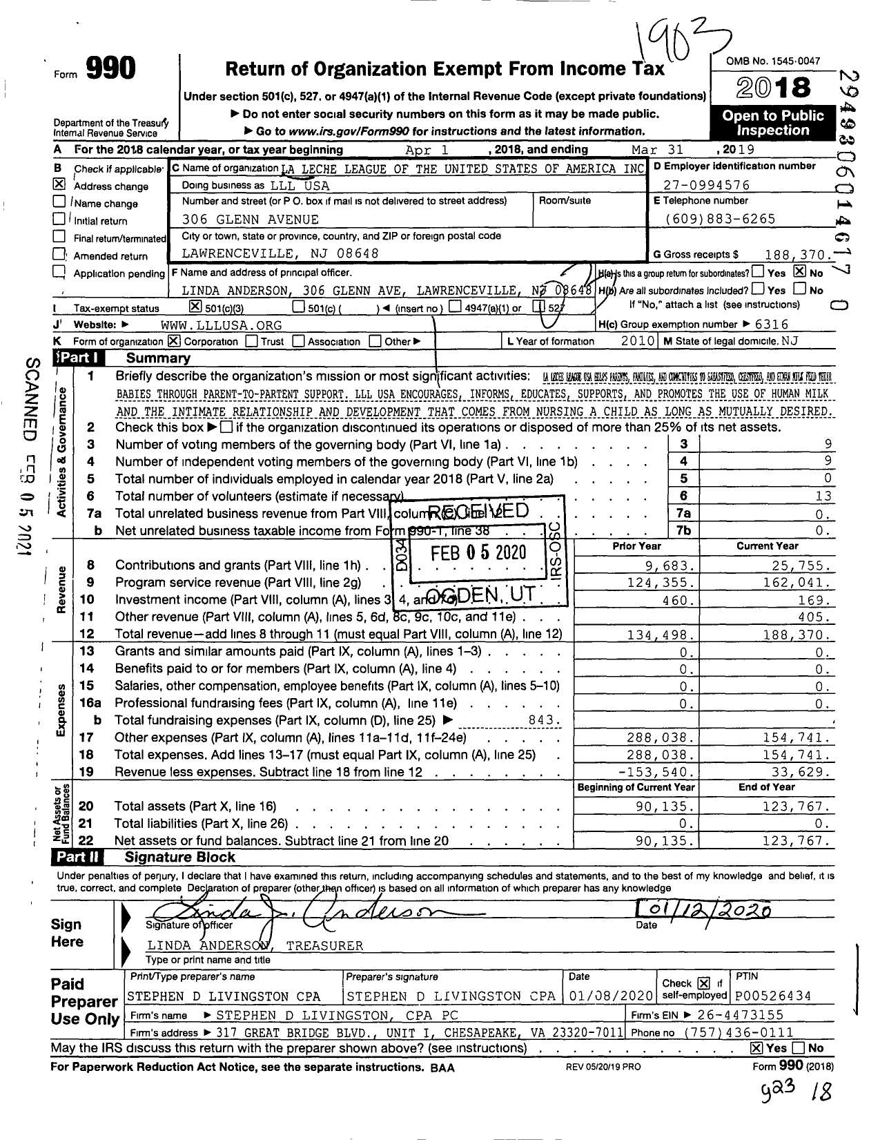 Image of first page of 2018 Form 990 for La Leche League USA