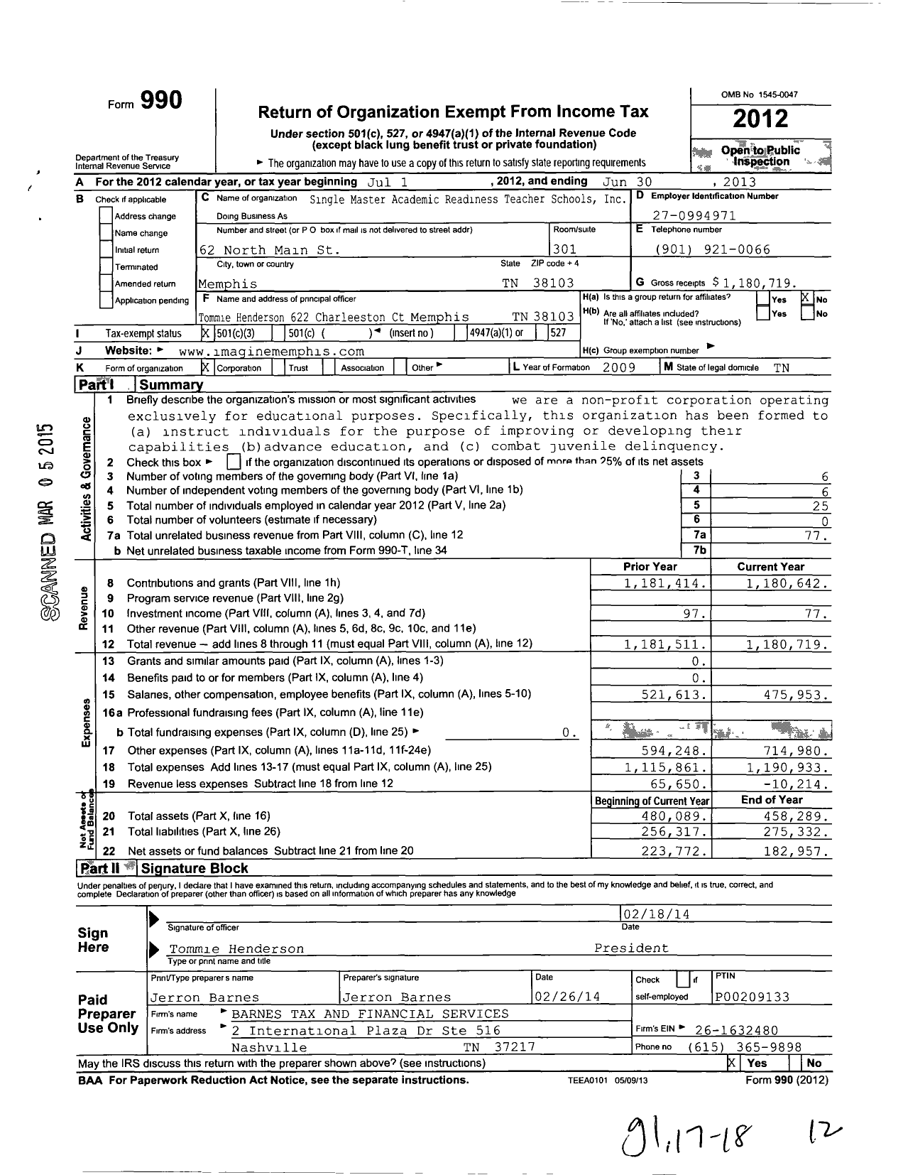 Image of first page of 2012 Form 990 for Single Master Academic Readiness Teacher Schools Incorporated