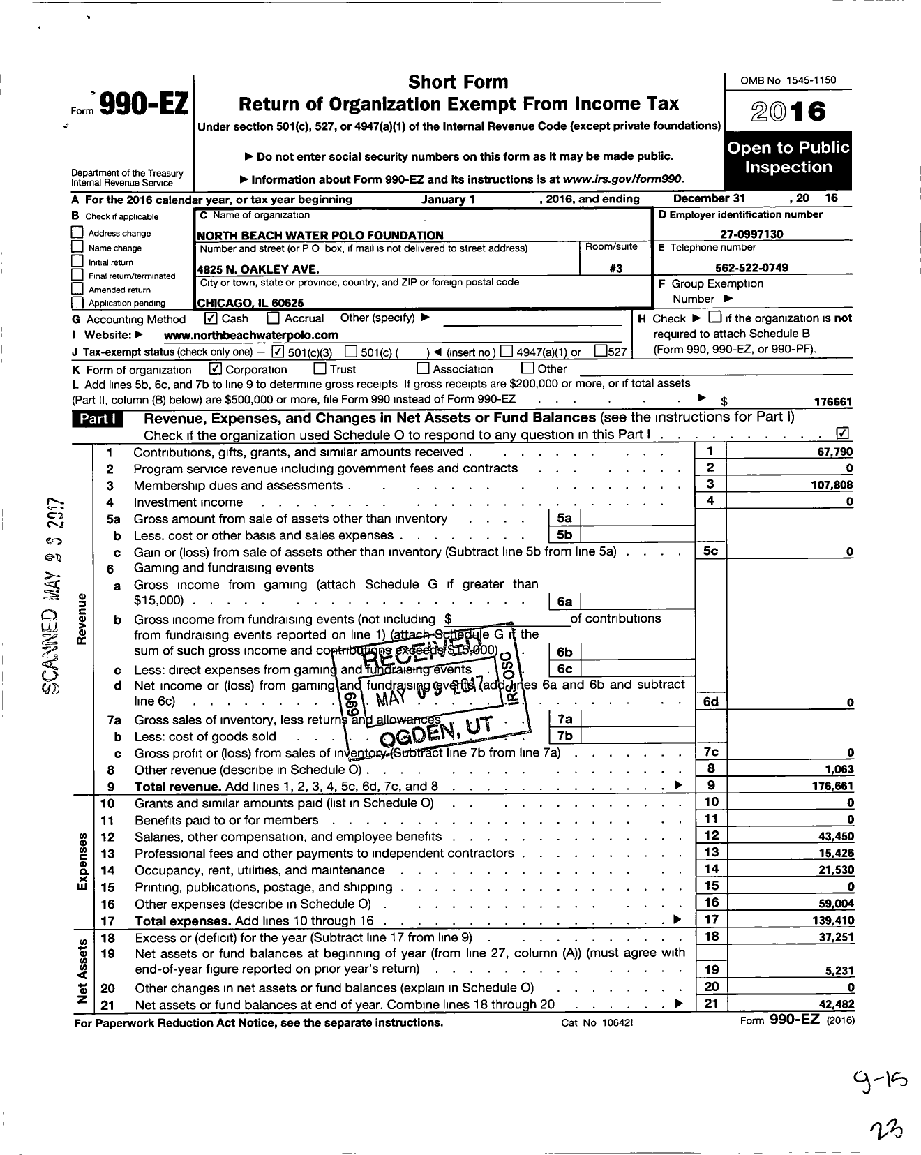 Image of first page of 2016 Form 990EZ for North Beach Water Polo Foundation