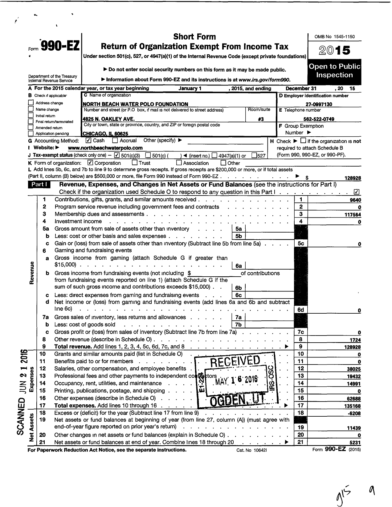 Image of first page of 2015 Form 990EZ for North Beach Water Polo Foundation