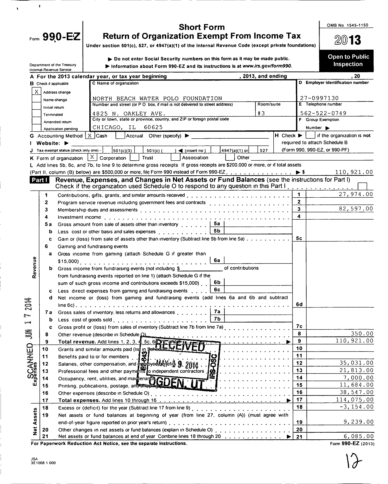 Image of first page of 2013 Form 990EO for North Beach Water Polo Foundation