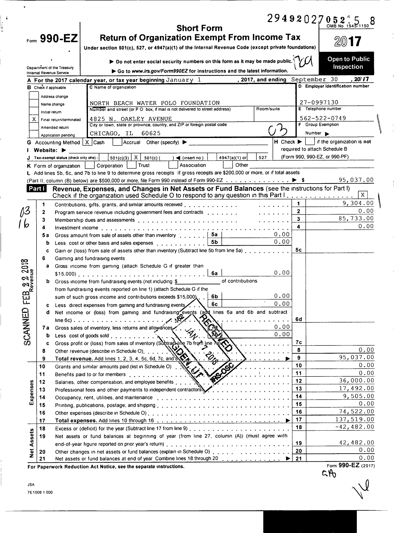 Image of first page of 2016 Form 990EZ for North Beach Water Polo Foundation