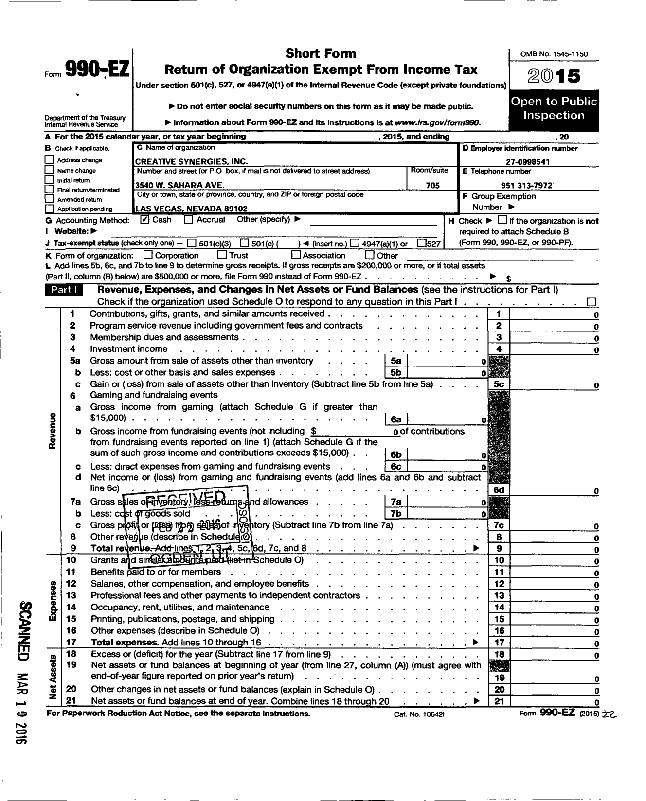 Image of first page of 2015 Form 990EO for Creative Synergies