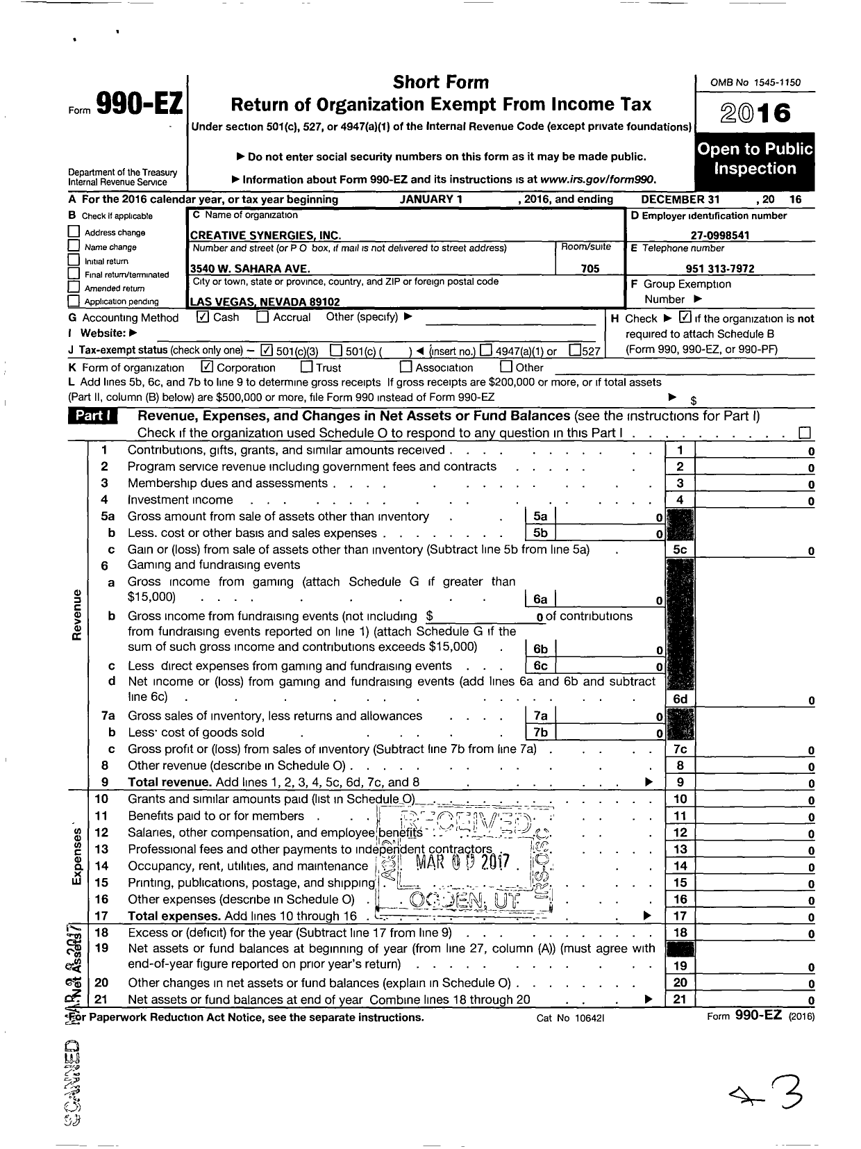 Image of first page of 2016 Form 990EZ for Creative Synergies