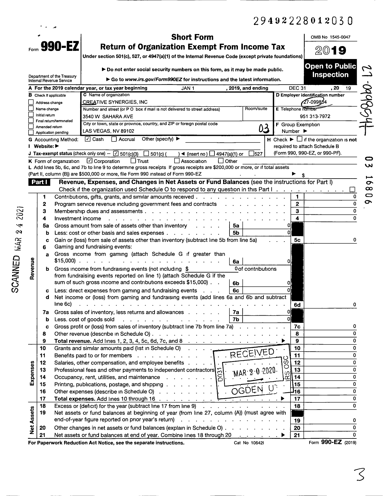 Image of first page of 2019 Form 990EZ for Creative Synergies