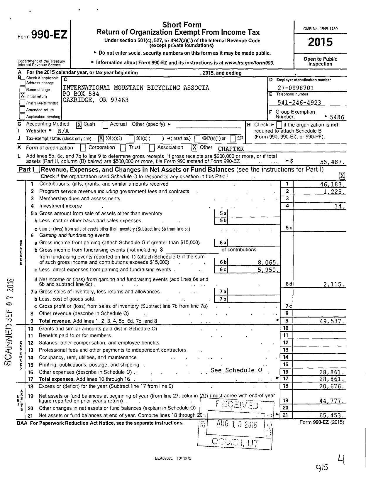 Image of first page of 2015 Form 990EZ for International Mountain Bicycling Association - Colorado / Greater Oakridge Area Trail Steward