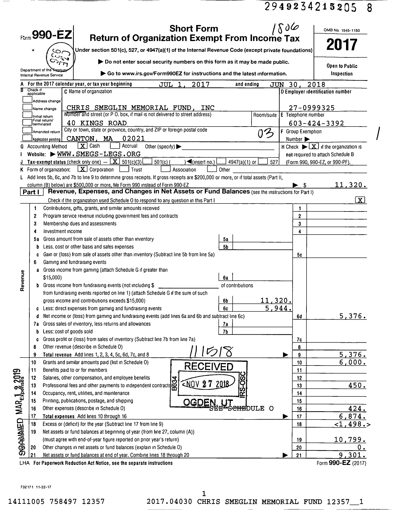 Image of first page of 2017 Form 990EZ for Chris Smeglin Memorial Fund