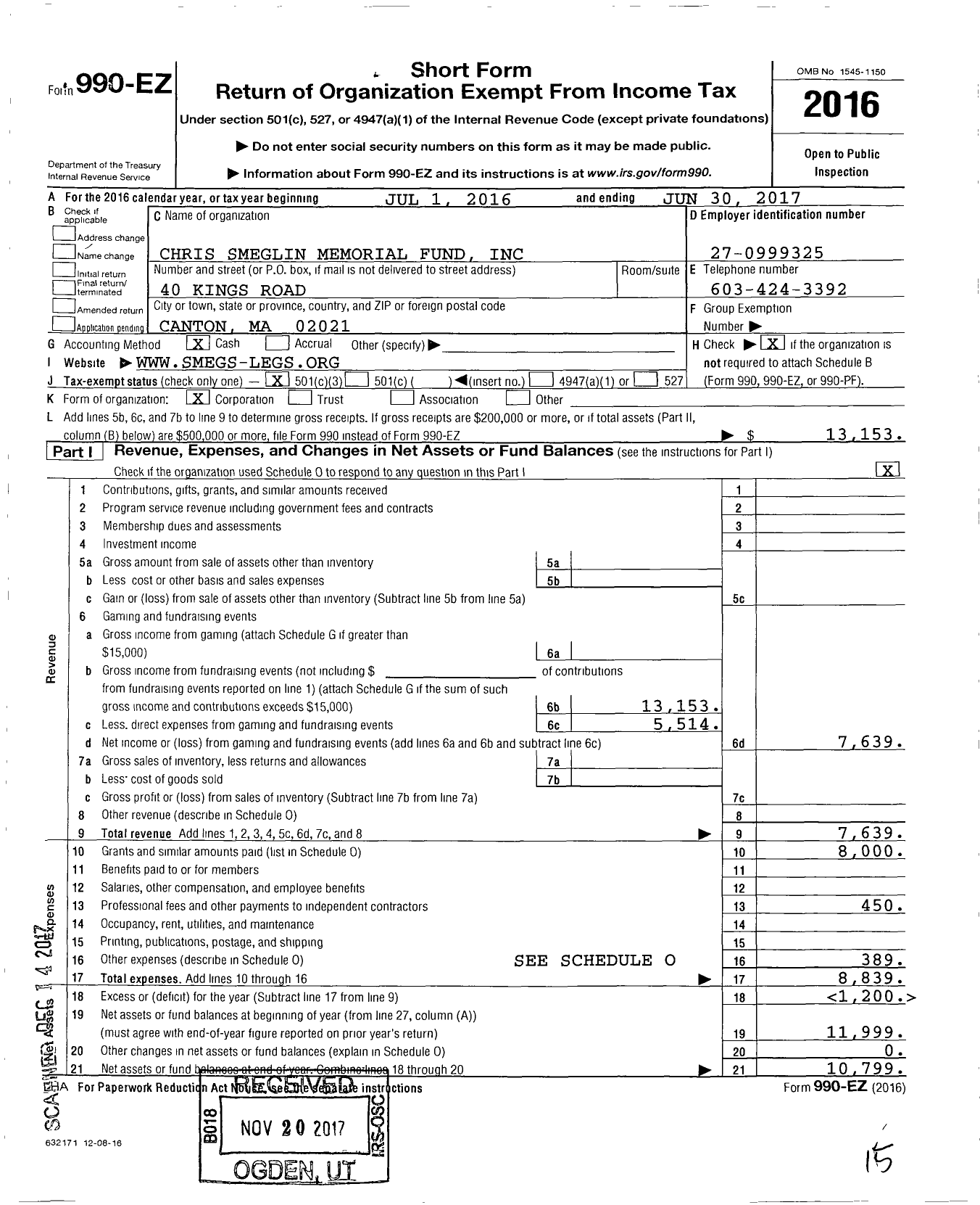 Image of first page of 2016 Form 990EZ for Chris Smeglin Memorial Fund