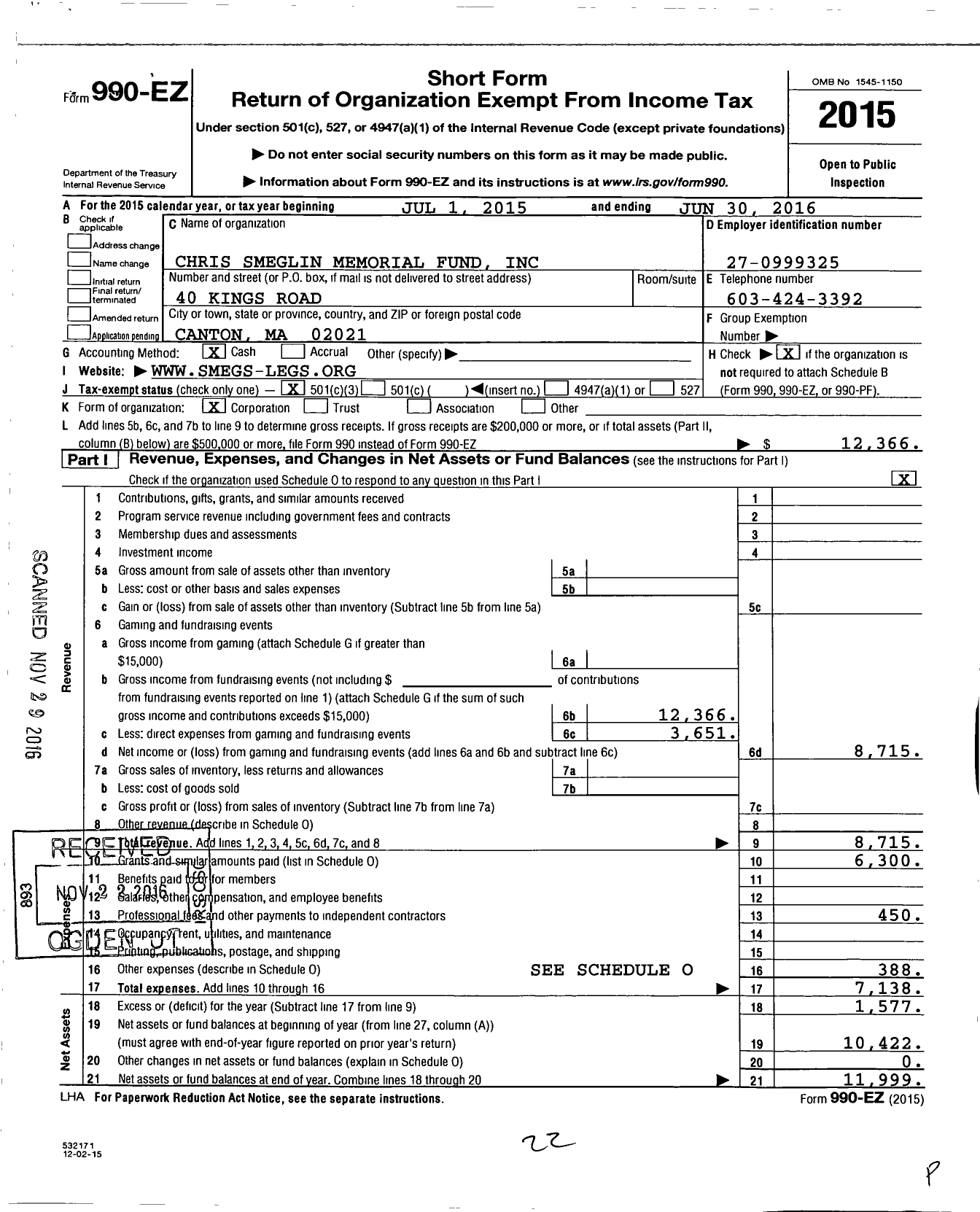 Image of first page of 2015 Form 990EZ for Chris Smeglin Memorial Fund