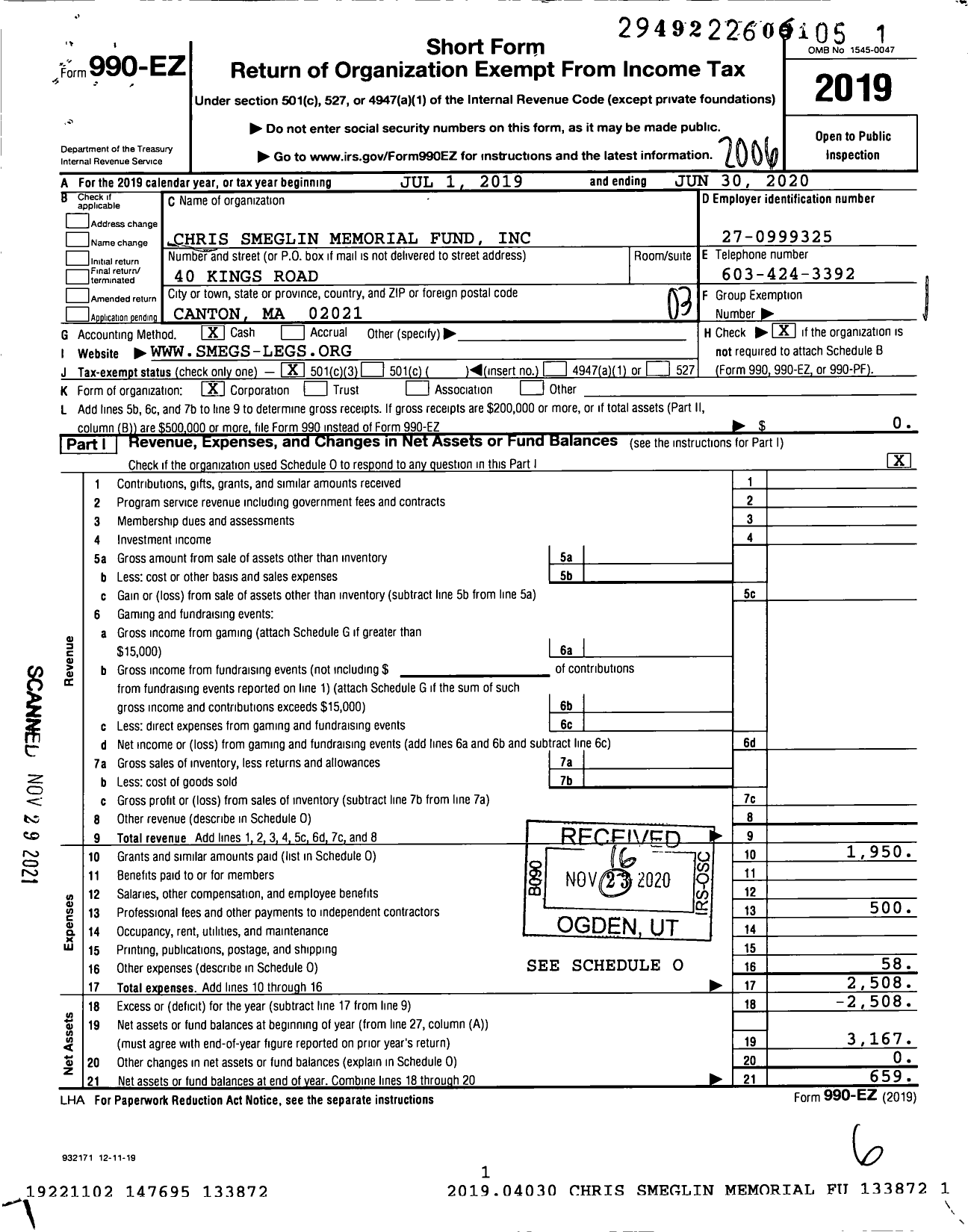 Image of first page of 2019 Form 990EZ for Chris Smeglin Memorial Fund