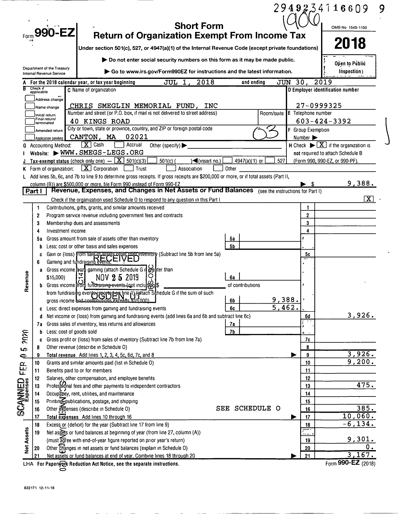 Image of first page of 2018 Form 990EZ for Chris Smeglin Memorial Fund