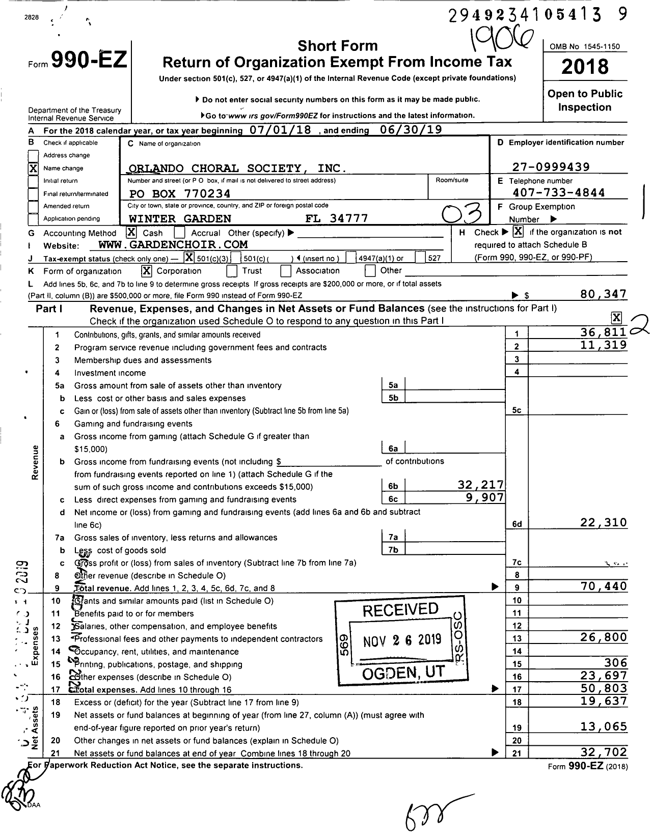 Image of first page of 2018 Form 990EZ for Orlando Choral Society