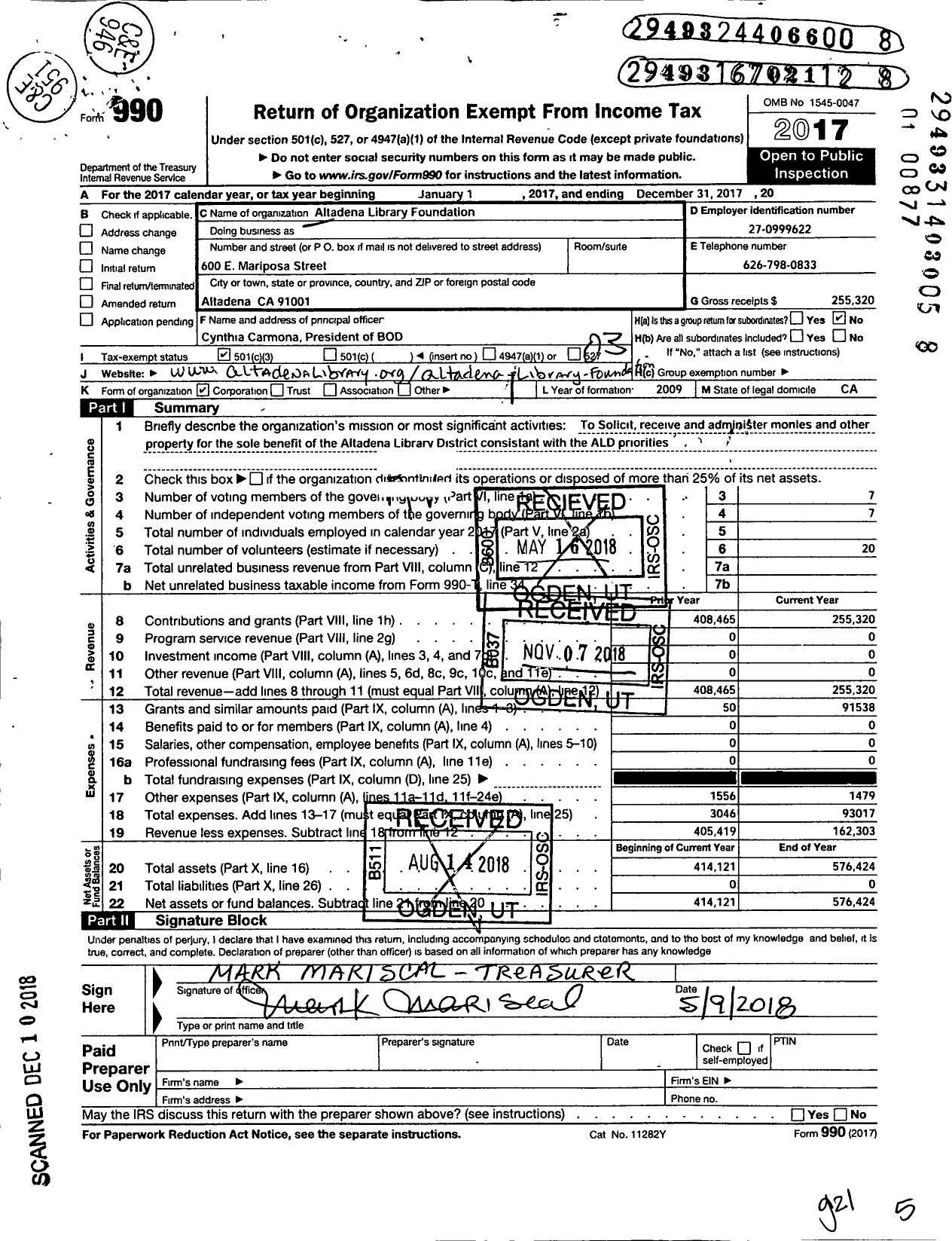 Image of first page of 2017 Form 990 for Altadena Library Foundation