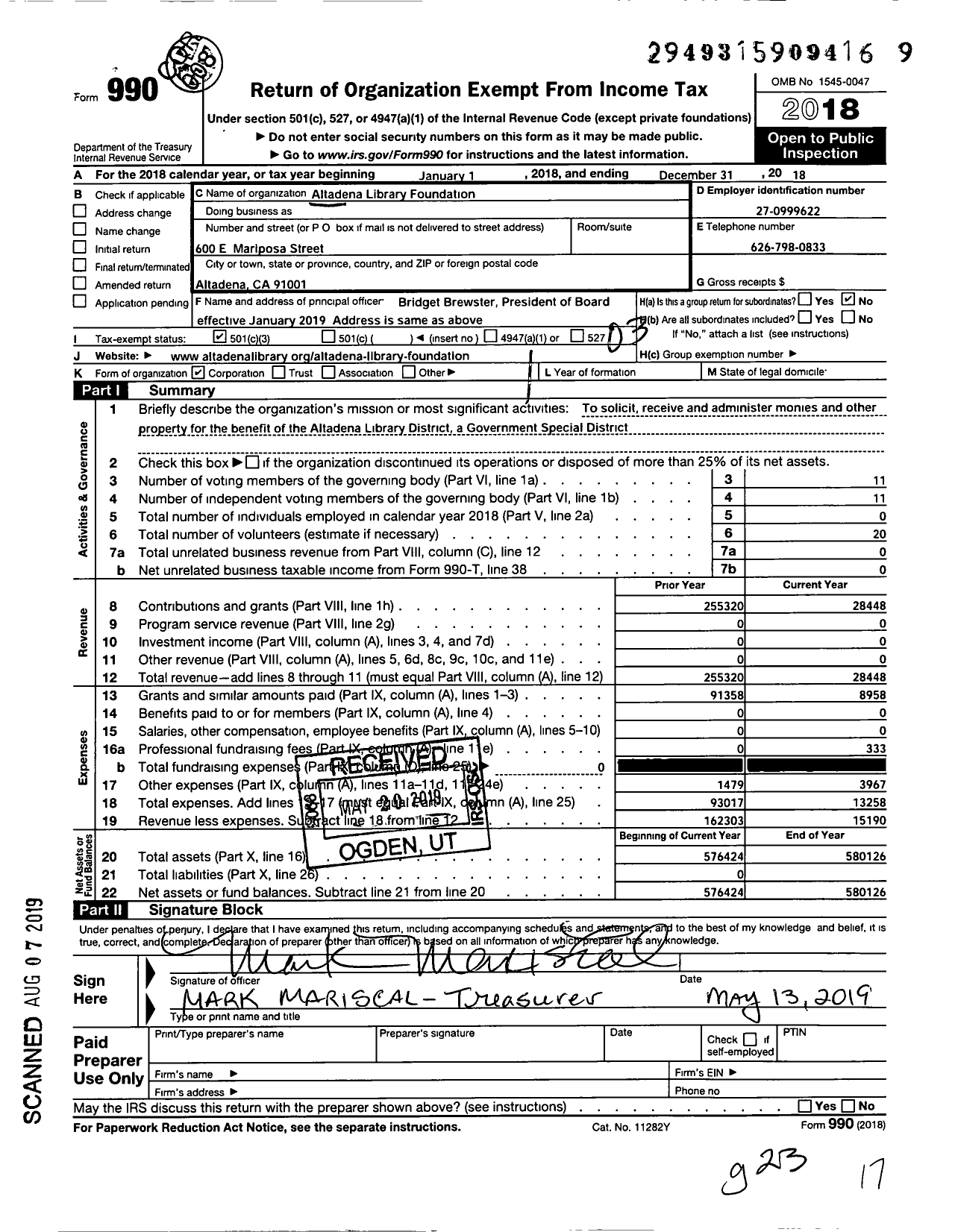 Image of first page of 2018 Form 990 for Altadena Library Foundation