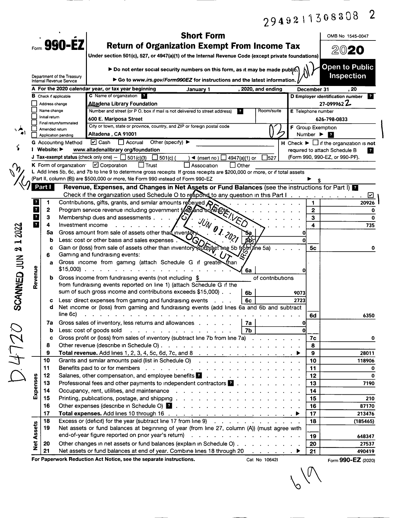 Image of first page of 2020 Form 990EZ for Altadena Library Foundation