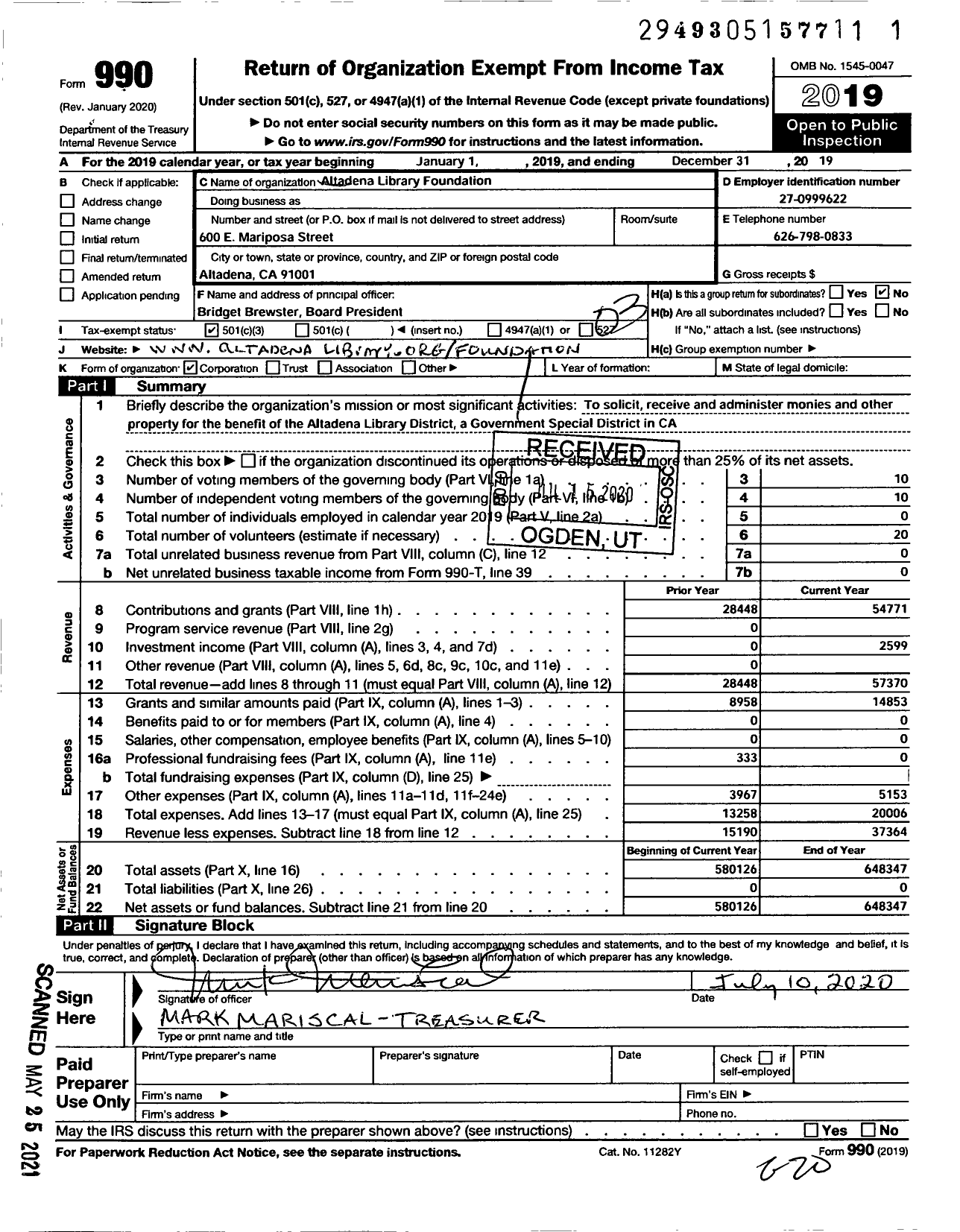 Image of first page of 2019 Form 990 for Altadena Library Foundation