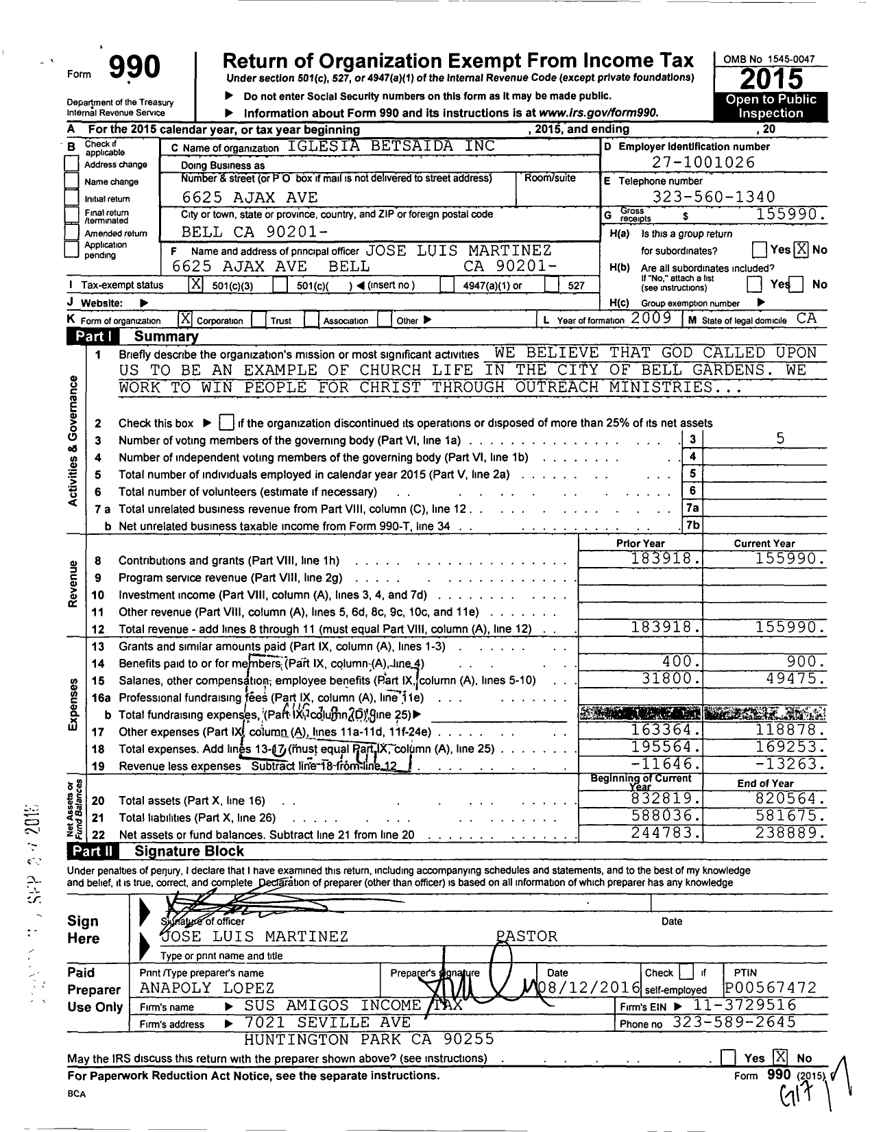 Image of first page of 2015 Form 990 for Iglesia Betsaida