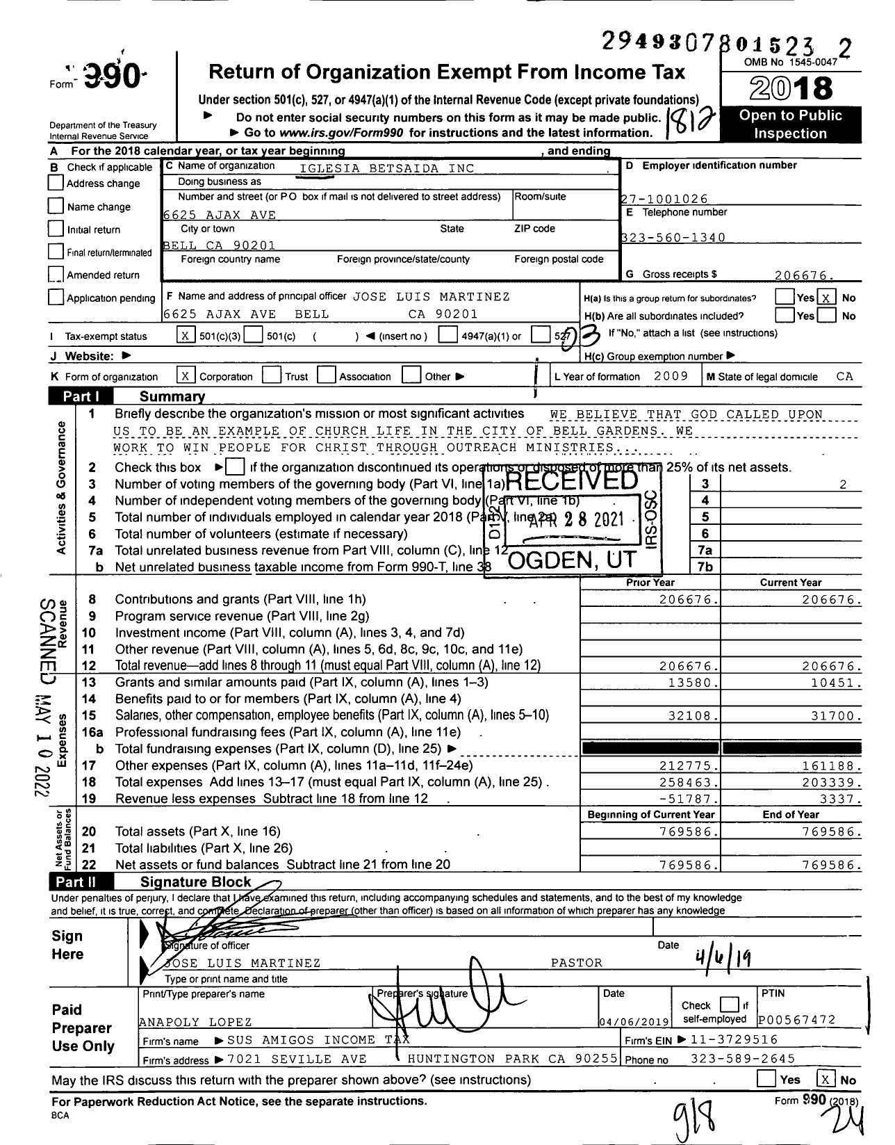 Image of first page of 2018 Form 990 for Iglesia Betsaida