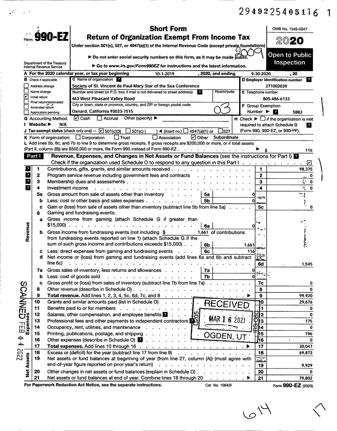 Image of first page of 2019 Form 990EZ for Society of Saint Vincent de Paul Council of Los Angeles / Mary Star of the Sea Conference