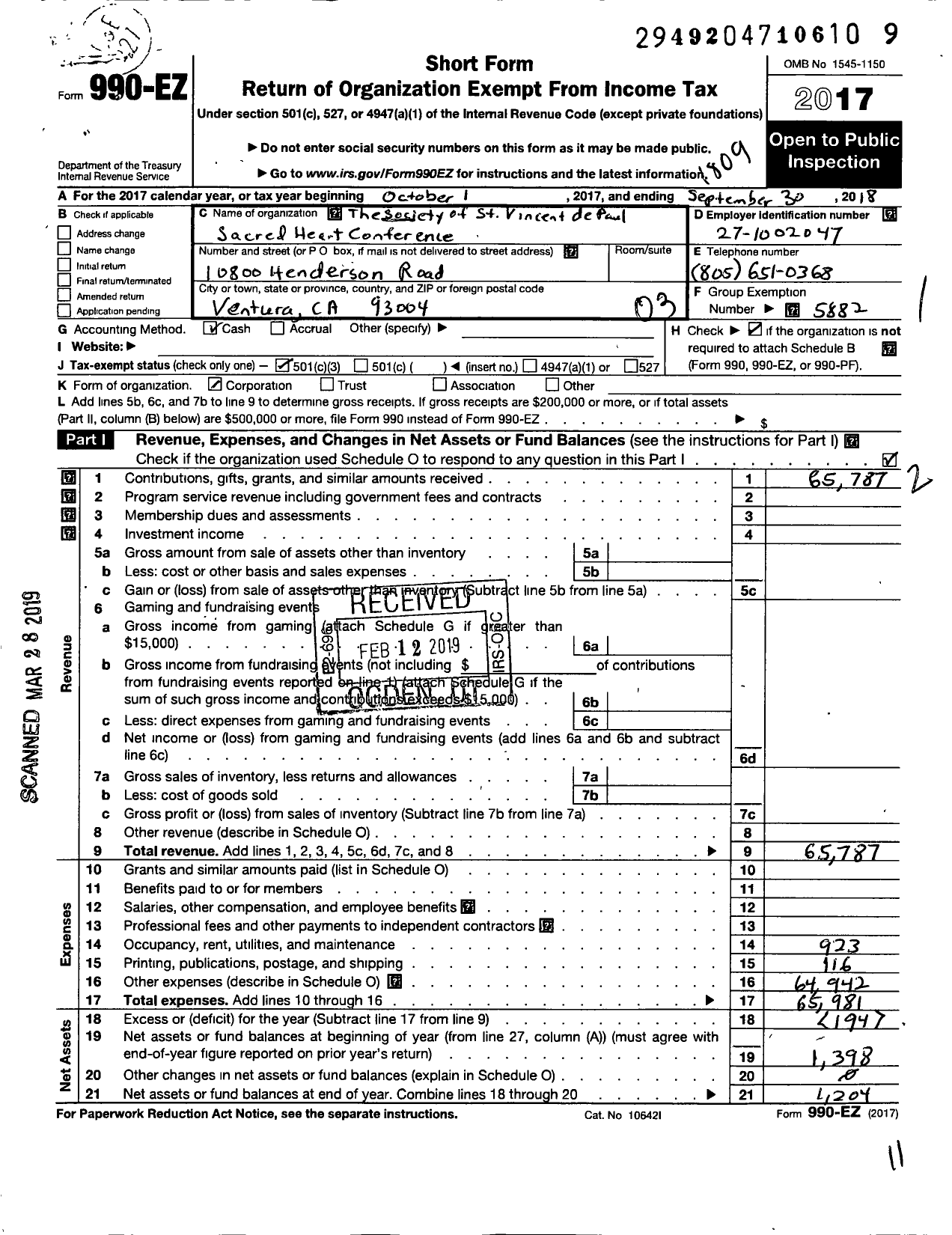 Image of first page of 2017 Form 990EZ for The Society of St Vincent de Paul Sacred Heart Conference