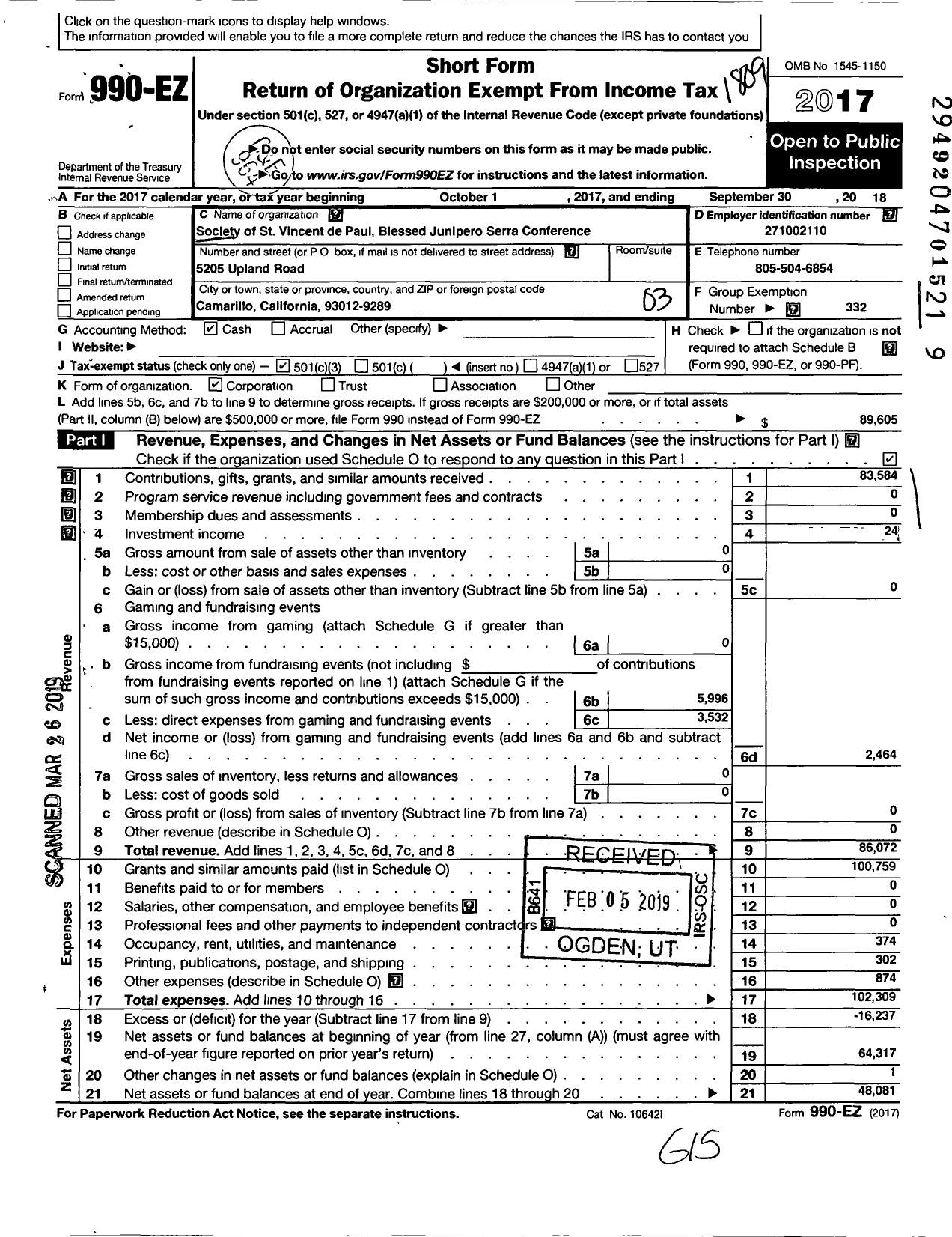 Image of first page of 2017 Form 990EZ for SOCIETY of SAINT Vincent de PAUL COUNCIL of LOS ANGELES / Blessed Junipero Serra Conference