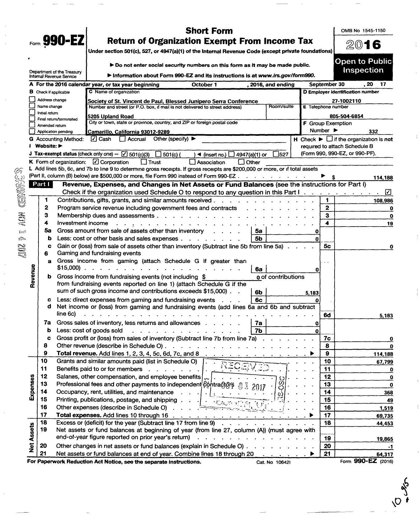 Image of first page of 2016 Form 990EZ for SOCIETY of SAINT Vincent de PAUL COUNCIL of LOS ANGELES / Blessed Junipero Serra Conference