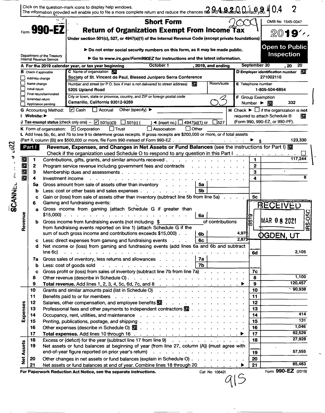 Image of first page of 2019 Form 990EZ for SOCIETY of SAINT Vincent de PAUL COUNCIL of LOS ANGELES / Blessed Junipero Serra Conference