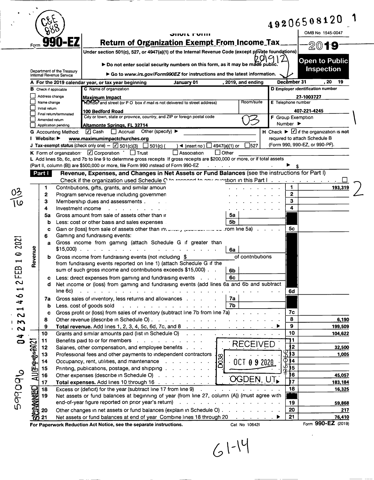 Image of first page of 2019 Form 990EZ for Maxiumum Impact